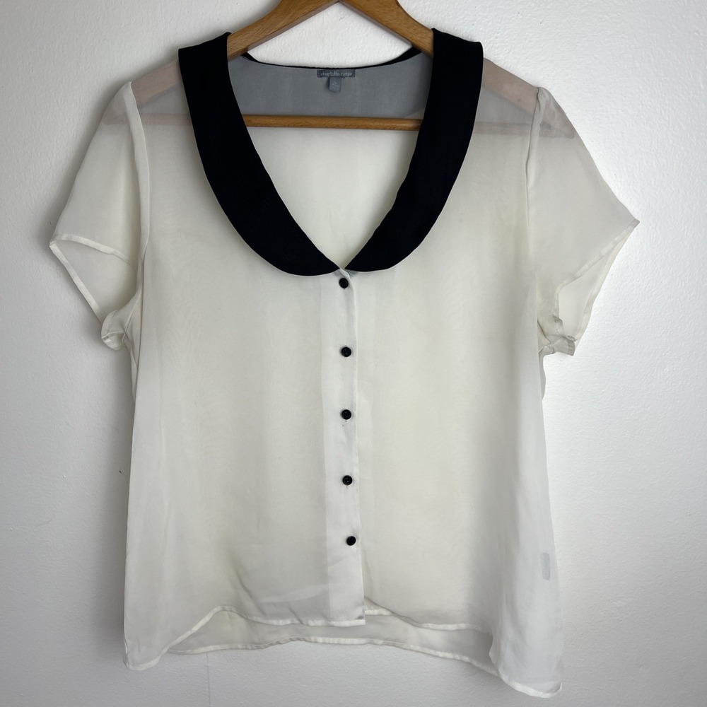 VTG Y2K Charlotte Russe Top Sz L Sheer B+W Peter Pan Collar Twee Academia